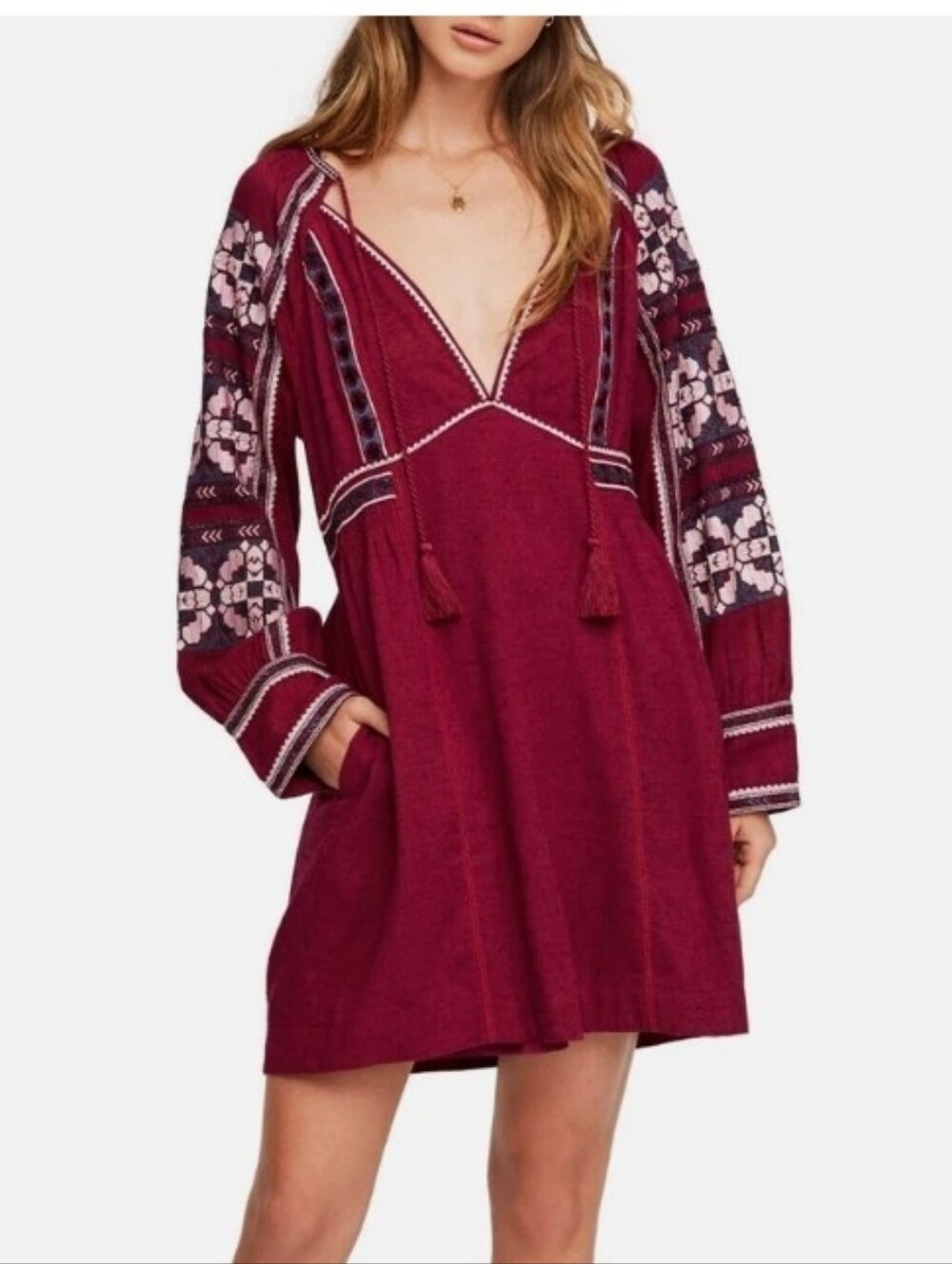 💎 Free People Women's Dress All My Life Minidress Embroidered Boho Wine